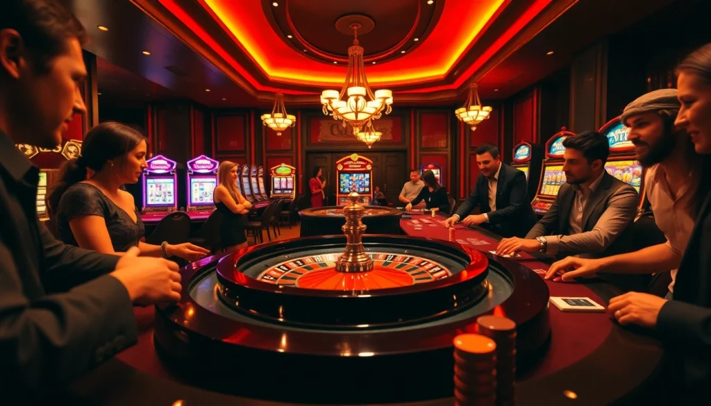 Players enjoying thrilling roulette and poker games at 66B casino, surrounded by vibrant slot machines.