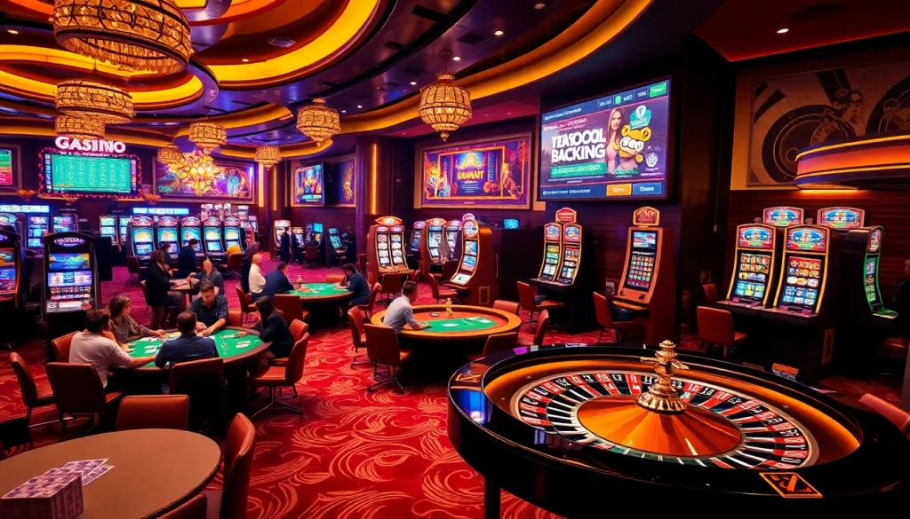 Experience the thrill of U888 with players at poker tables, vibrant slot machines, and a live roulette wheel.