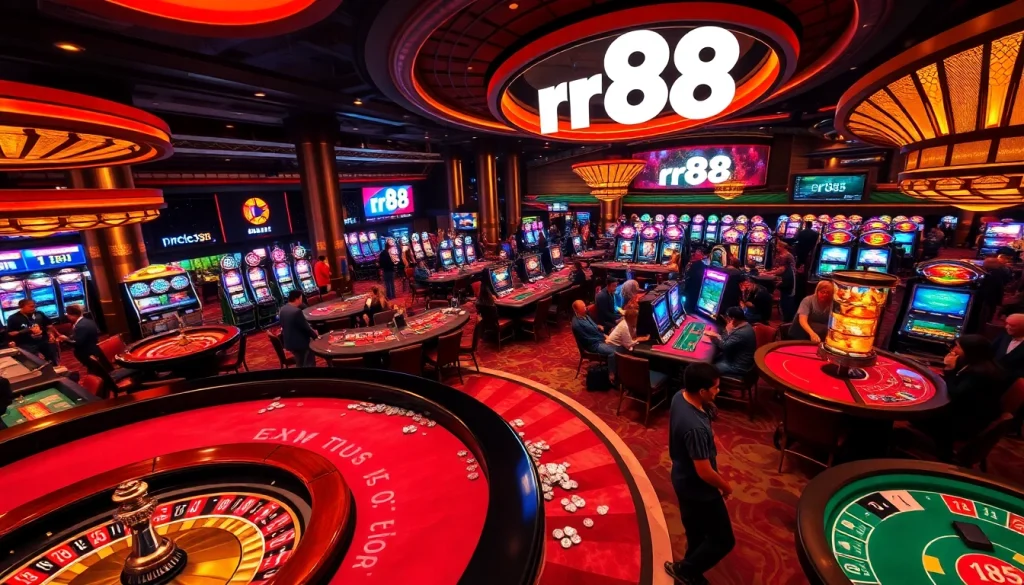 Exciting casino scene featuring rr88 logo with players at gaming tables.