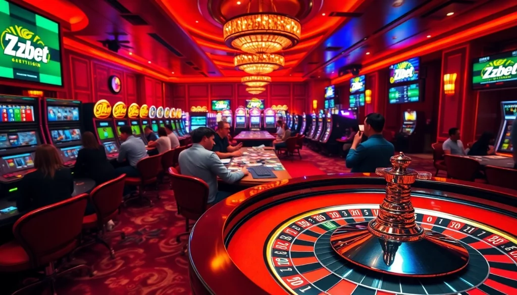 Zbet logo on vibrant casino slot machines and roulette tables, showcasing thrilling gambling action.