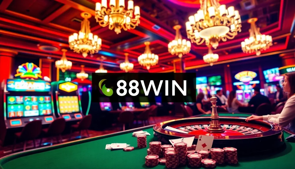 Experience the thrill of winning at 58WIN's vibrant casino, with players engaged at slot machines and poker tables.