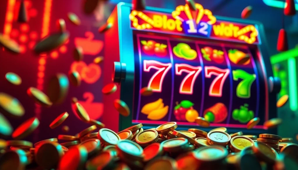Exciting close-up of slot hoki gaming with vibrant digital slot machine and cascading coins.
