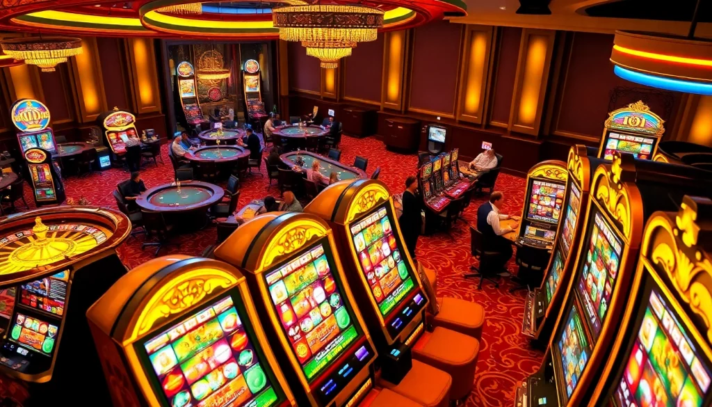 Experience the thrill of gambling at https://ps99slot.ink/ with vibrant slot machines illuminating the casino floor.
