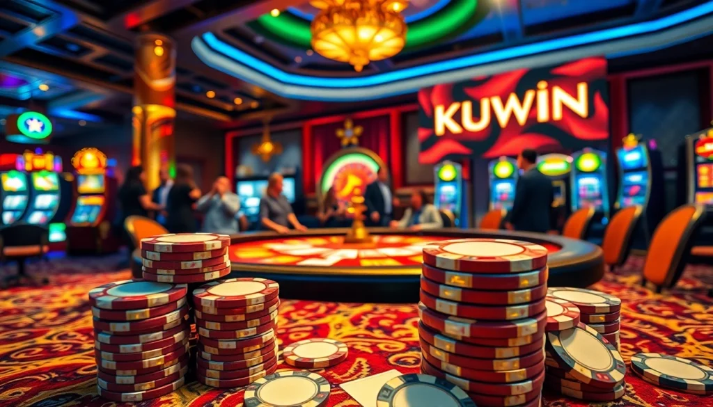 Engage in thrilling poker at a luxurious casino with KUWIN branding, showcasing vibrant poker chips and extensive betting action.
