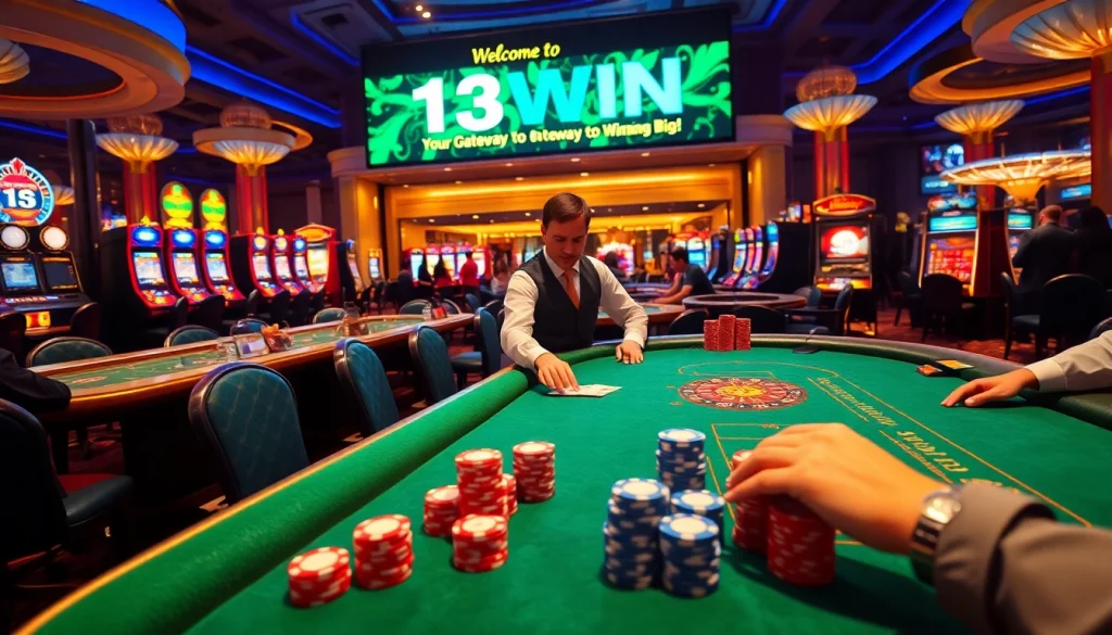Experience 13WIN excitement with players at a vibrant poker table surrounded by high stakes!